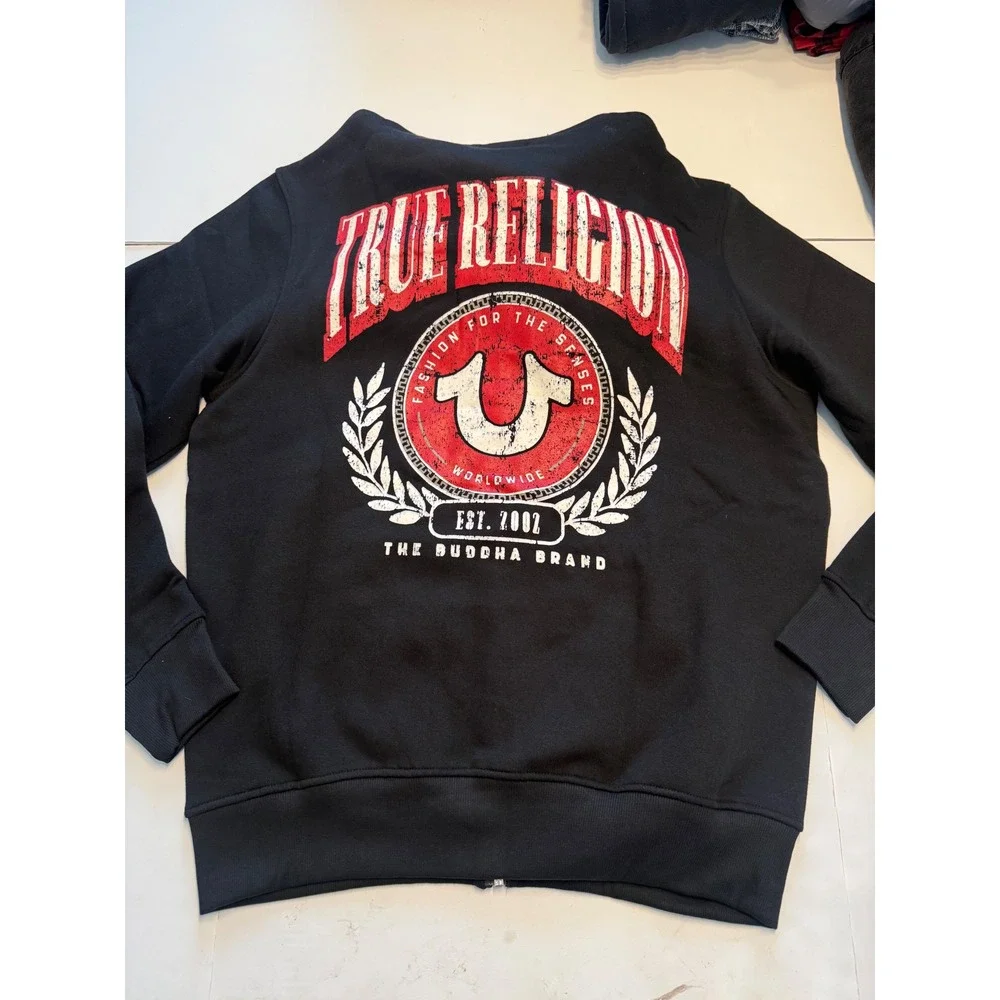 True Religion Mens College HS Zip Hoodie Jet Black Distressed Logo 700926 XL